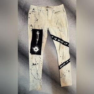 Topman‎ Cream Black Aged Dirty Artwork Skinny Jeans 30 x 30 (A1)
